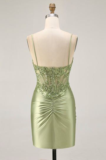 Vert sauge appliqué Corset serré froncé Homecoming Dress